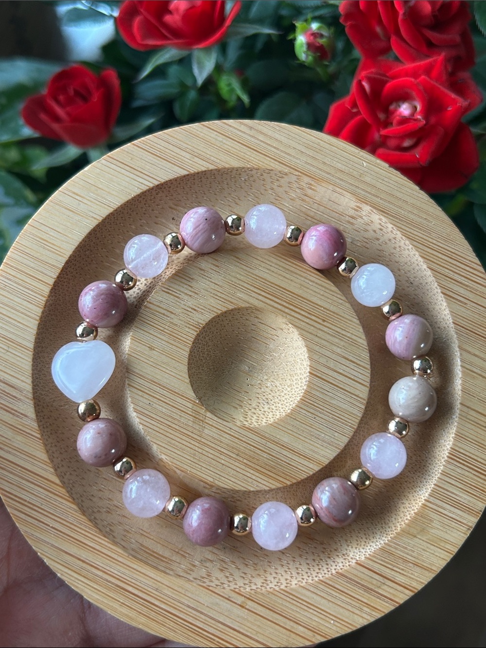 Rose Quartz + Rhodonite Gemstone Heart Stretch Bracelet